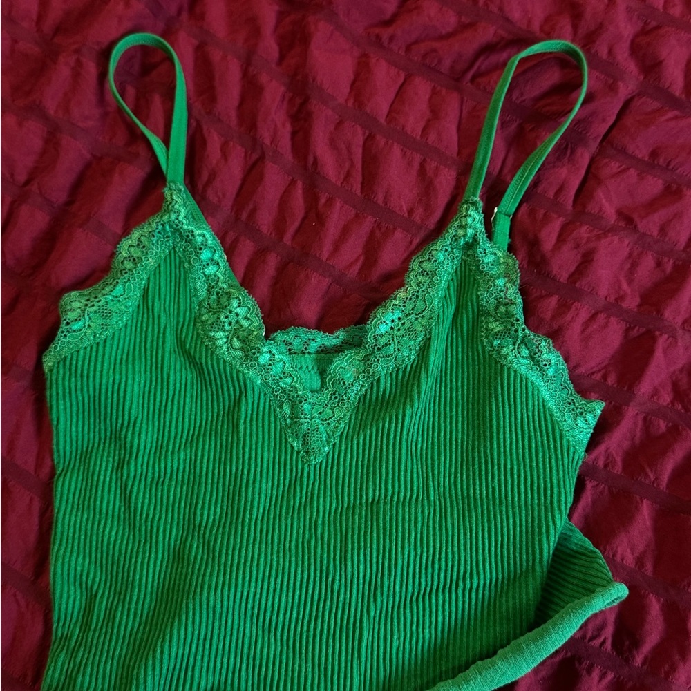 Green Lace Trim Ribbed Camisole
